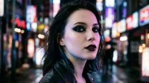 Woman with jet black smoky eye and near-black plum lipstick standing on a city street under neon light at night