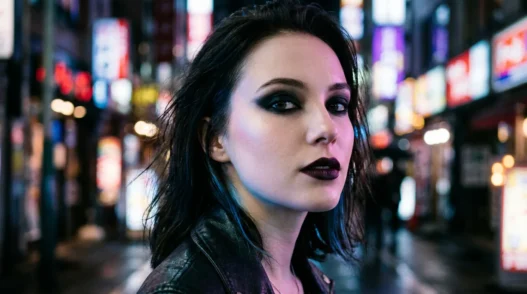Woman with jet black smoky eye and near-black plum lipstick standing on a city street under neon light at night