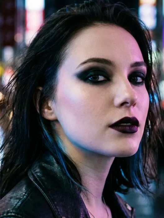 Woman with jet black smoky eye and near-black plum lipstick standing on a city street under neon light at night