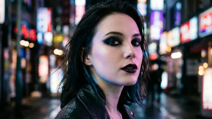 Woman with jet black smoky eye and near-black plum lipstick standing on a city street under neon light at night