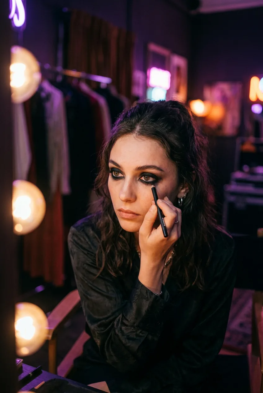 Woman applying smudged black lower liner at a mirror with purple and pink neon reflections catching her eye makeup