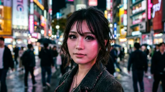 Woman with dramatic gyaru false lashes and smudged lower liner lit by pink and blue neon on a night street