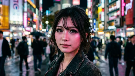 Woman with dramatic gyaru false lashes and smudged lower liner lit by pink and blue neon on a night street