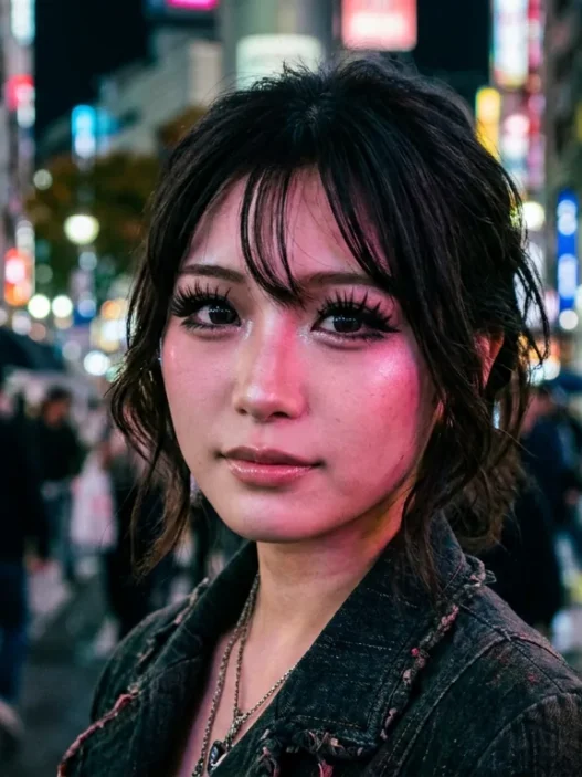 Woman with dramatic gyaru false lashes and smudged lower liner lit by pink and blue neon on a night street