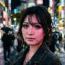 Woman with dramatic gyaru false lashes and smudged lower liner lit by pink and blue neon on a night street