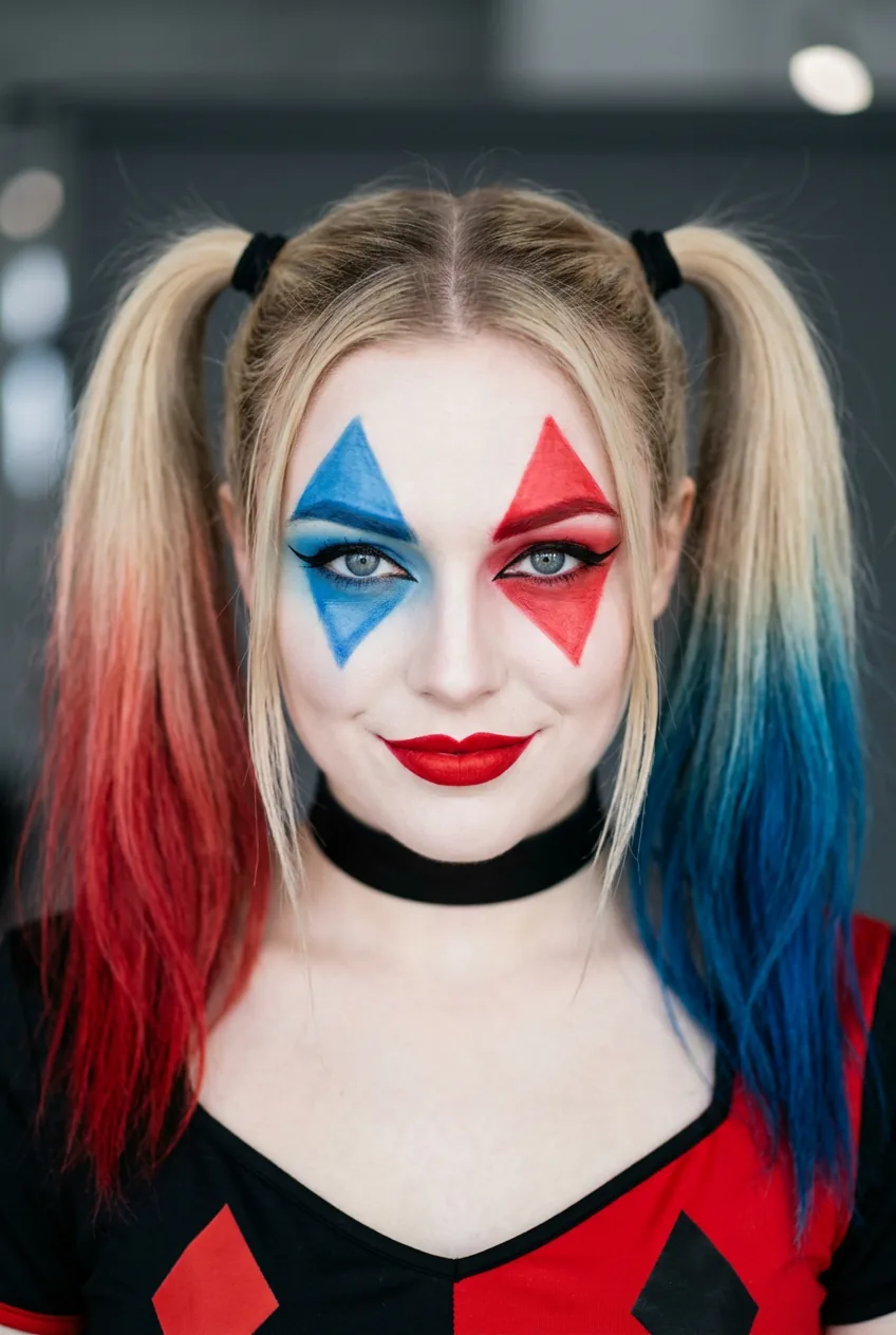 Woman with completed Harley Quinn makeup showing crisp red and blue split, bold lips and dramatic liner in studio