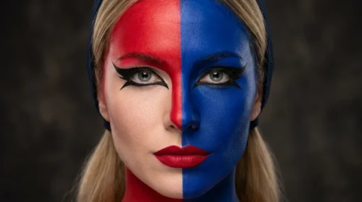 Woman wearing full Harley Quinn makeup with sharp red and blue face split and bold red lips in studio lighting