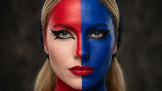 Woman wearing full Harley Quinn makeup with sharp red and blue face split and bold red lips in studio lighting