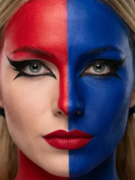 Woman wearing full Harley Quinn makeup with sharp red and blue face split and bold red lips in studio lighting