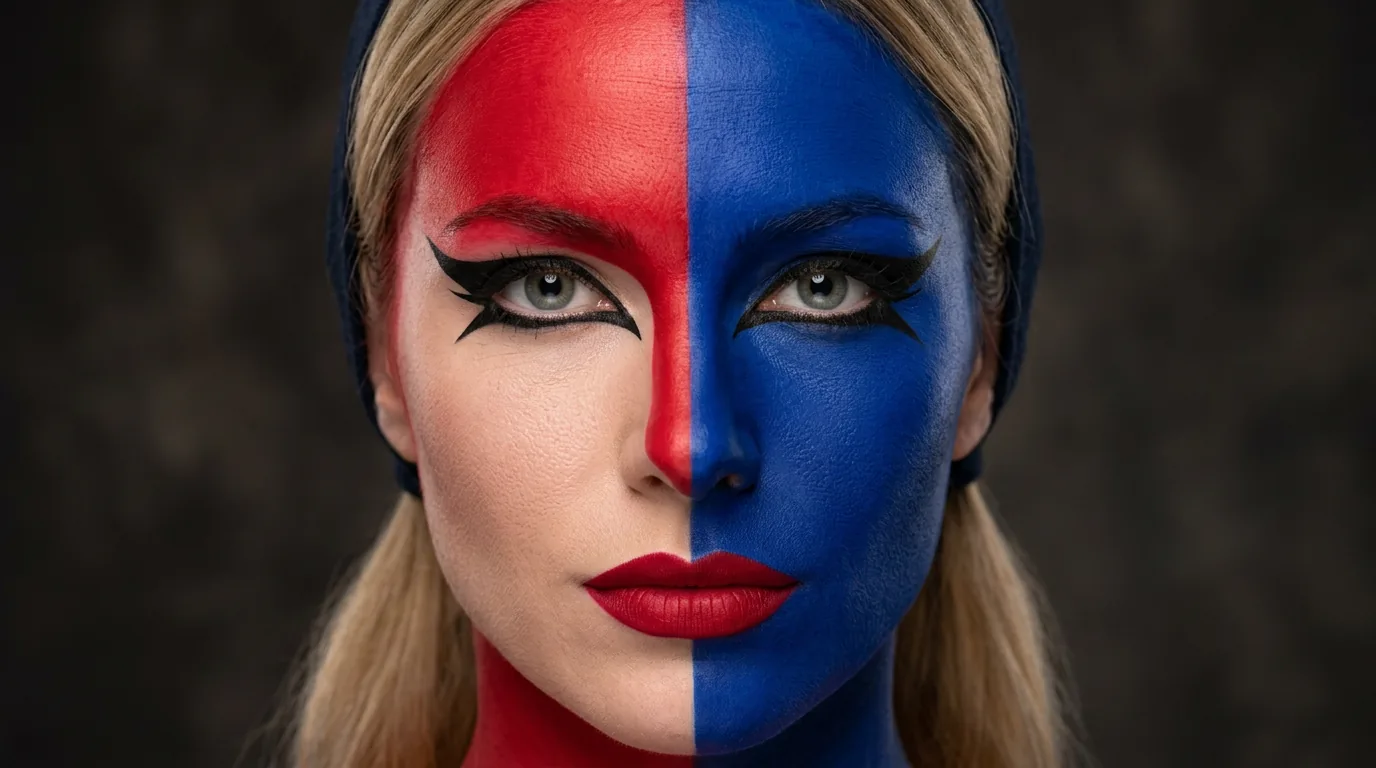 Woman wearing full Harley Quinn makeup with sharp red and blue face split and bold red lips in studio lighting