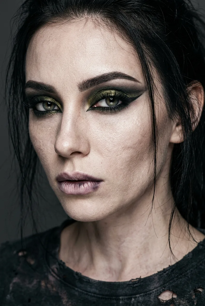 Close-up of high-fashion zombie makeup featuring sharp olive-green cut crease metallic gold lid and elongated charcoal liner