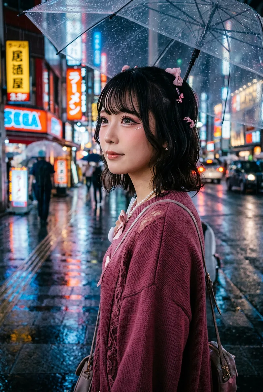 Half-profile of a woman in hime gyaru makeup with pink tones and rhinestone detail on a rainy neon-lit street