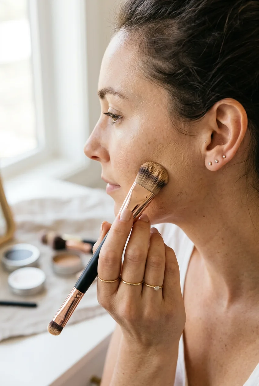 Close-up of a flat IIID makeup brush held at 45-degree angle against a woman's cheek in warm daylight