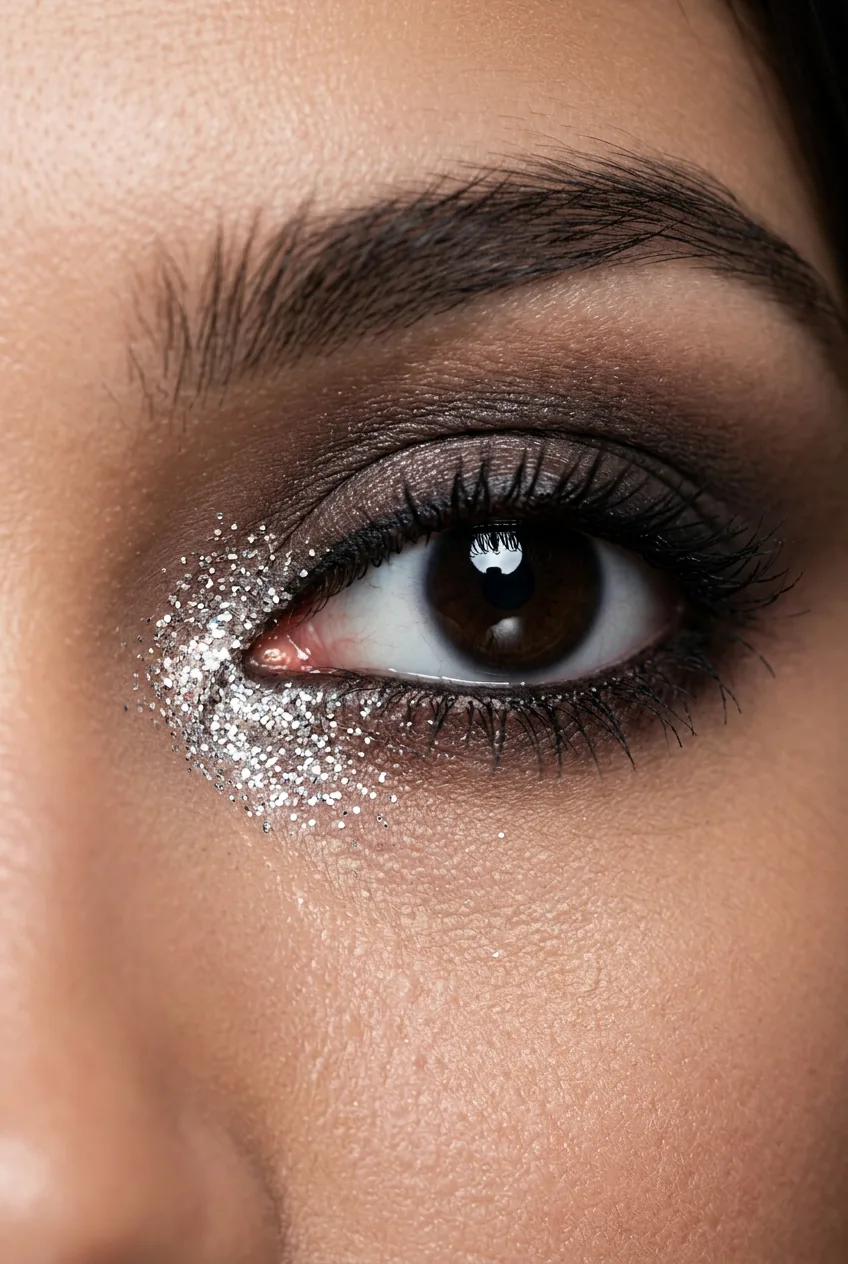 Extreme close-up of dark eyes with concentrated fine glitter at inner corner creating a diamond sparkle focal point