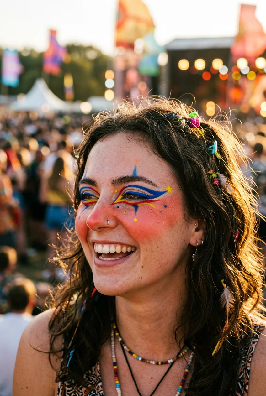 Close-up of woman at festival where graphic liner elements blend seamlessly into blush shapes with primary colour accents in blue, red and yellow
