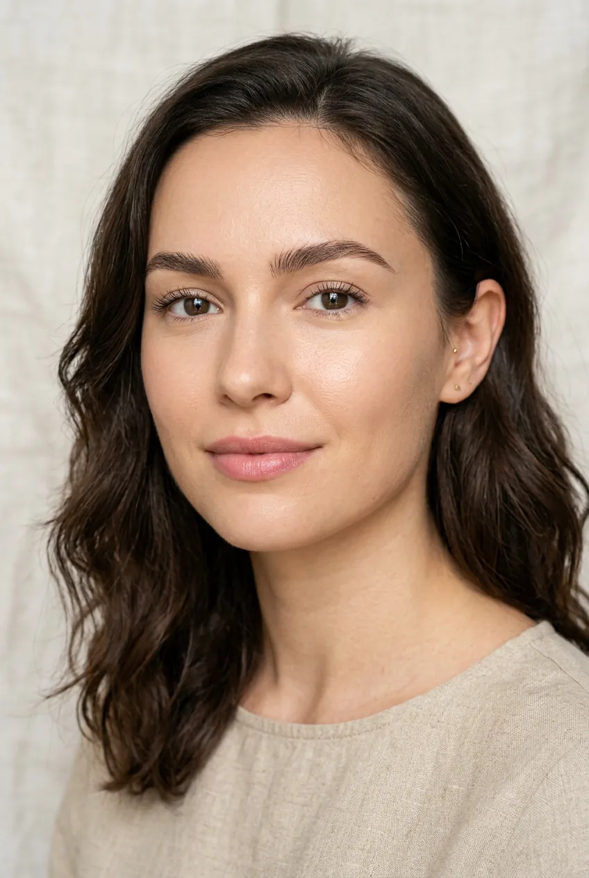 Woman with clean even skin neutral pink satin lips and natural filled brows in calm bright studio light
