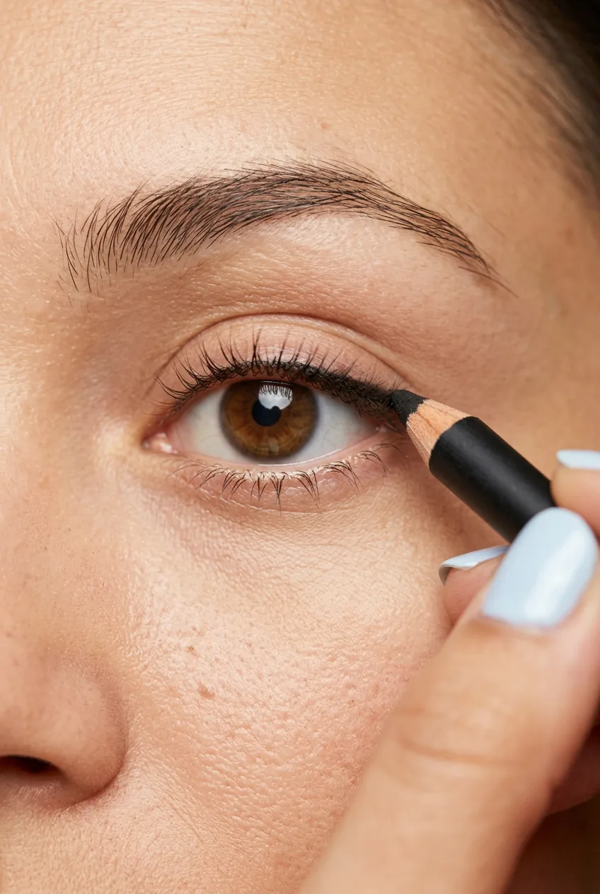 Kohl pencil tracing short strokes along the upper lash line close to the roots in bright instructional lighting