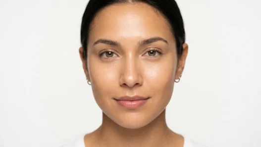 Close-up of a warm olive-toned face with a freshly primed luminous skin base in bright studio lighting