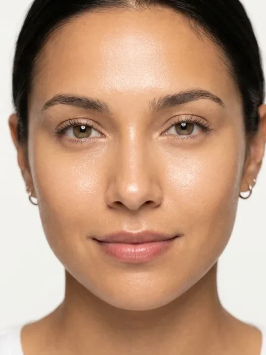 Close-up of a warm olive-toned face with a freshly primed luminous skin base in bright studio lighting