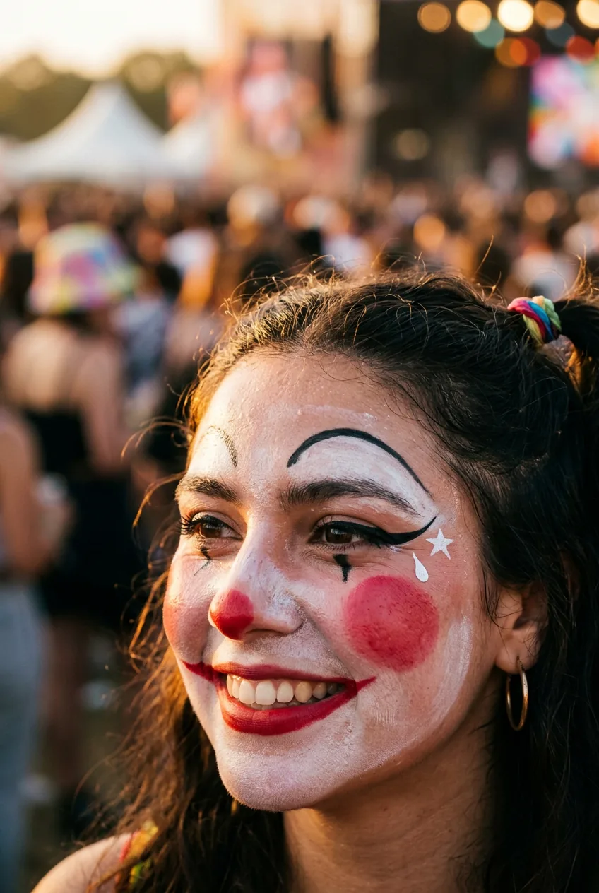 Woman at music festival wearing layered red and white cream clown makeup with oversized blush and curved brow liner in golden hour light
