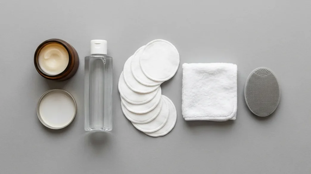 Flat lay of makeup removal essentials including cleansing balm, micellar water, and reusable cotton rounds on a grey matte surface