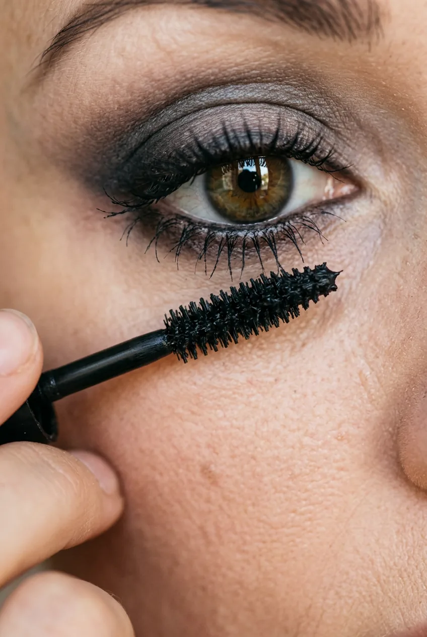 Mascara wand combing through lower lashes individually against a backdrop of completed smoky eye makeup