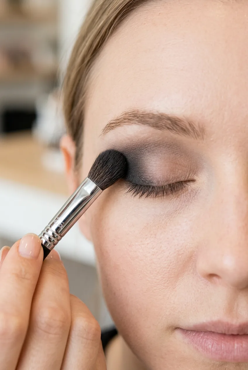 Fluffy blending brush sweeping matte black eyeshadow across outer eyelid with a soft diffused gradient