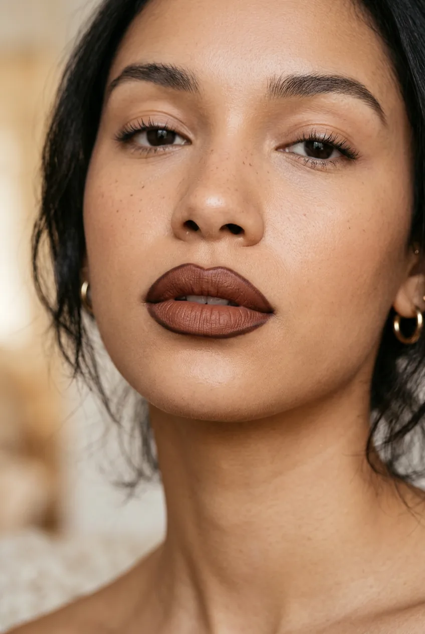 Close-up of a woman with a perfectly applied matte brown lip and visible dark lipliner in 90s editorial style