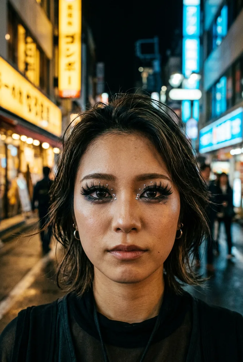 Woman with modern gyaru-influenced diffused liner and rhinestone inner corner in amber and blue neon night light