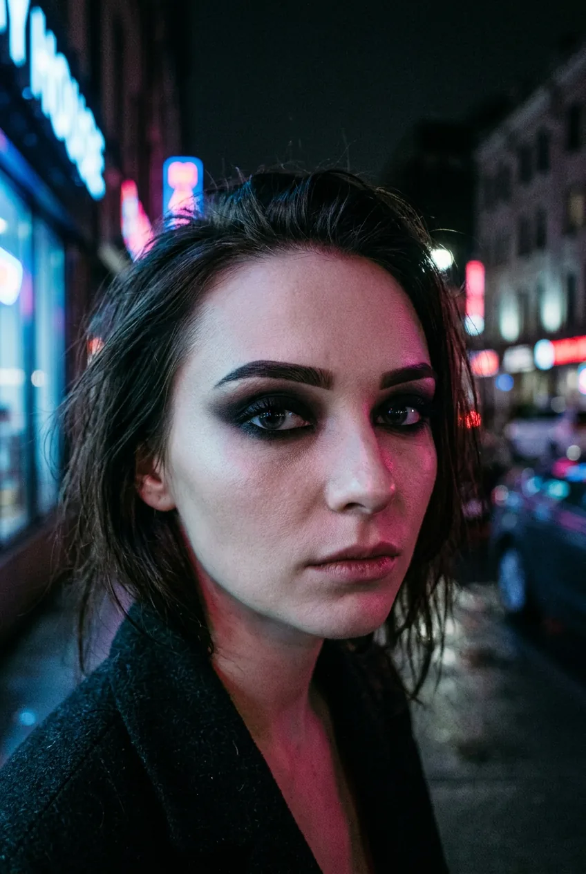 Woman with geometric eyebrows and near-black smoky eye on a dark urban street lit by pink and blue neon light