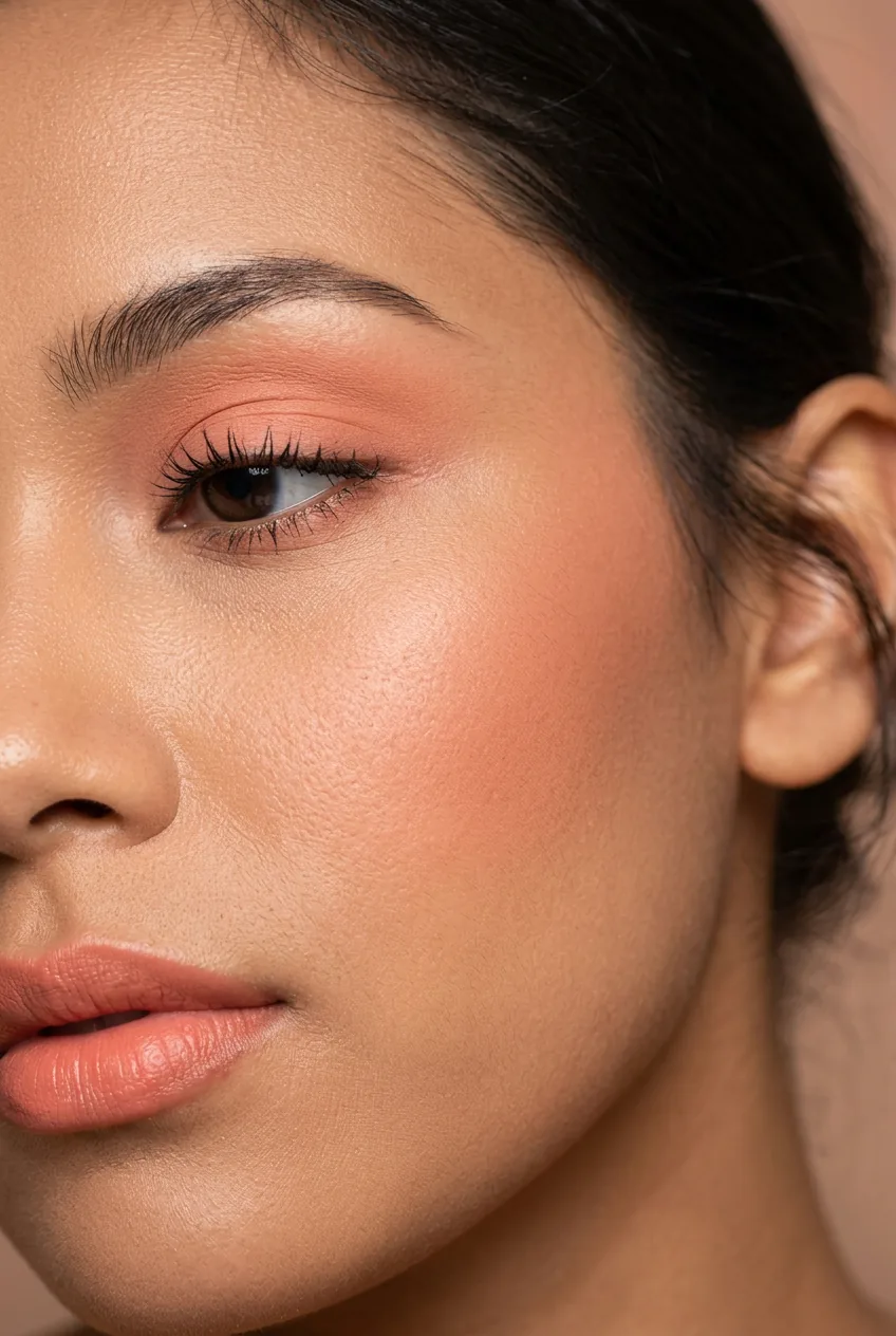 Close-up of woman with cohesive monochrome peach makeup on eyes, cheeks, and lips in diffused warm light