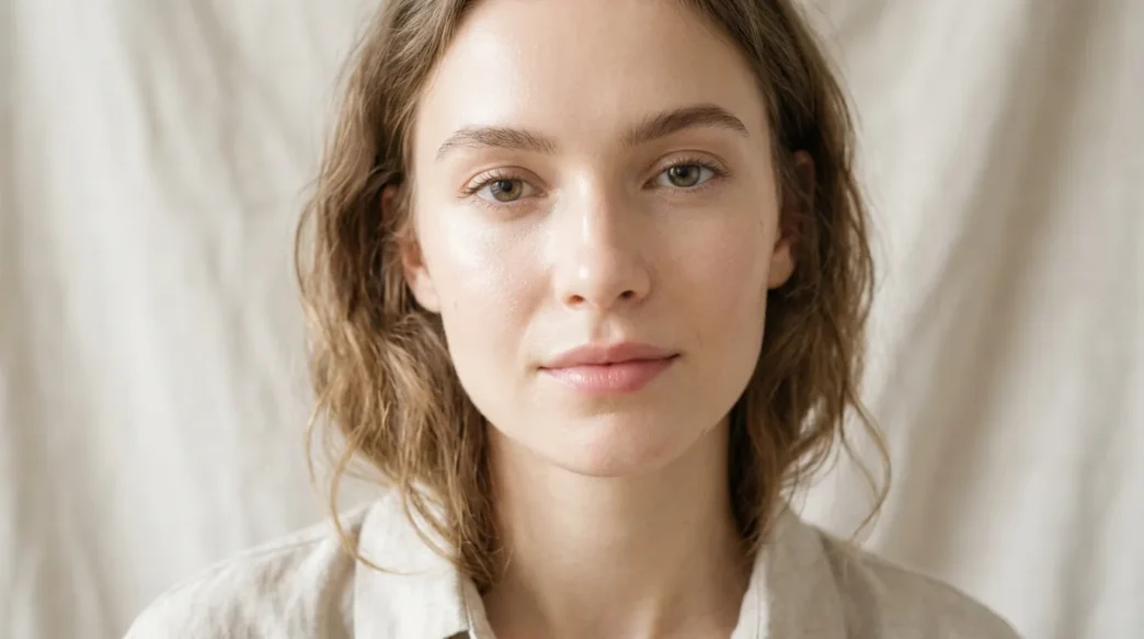 Woman with luminous barely-there makeup and loose natural hair against soft linen fabric in bright airy light