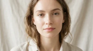 Woman with luminous barely-there makeup and loose natural hair against soft linen fabric in bright airy light