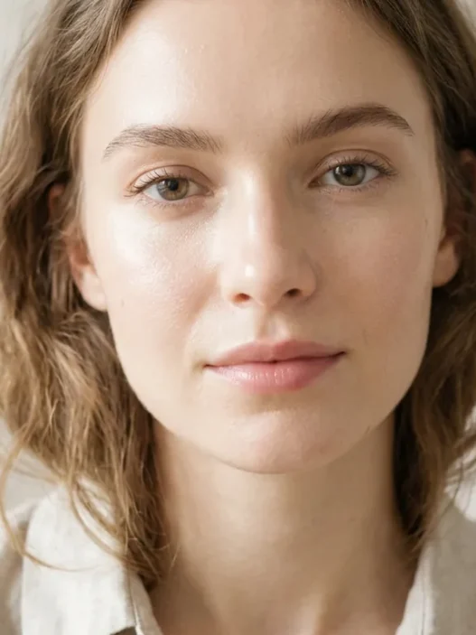 Woman with luminous barely-there makeup and loose natural hair against soft linen fabric in bright airy light