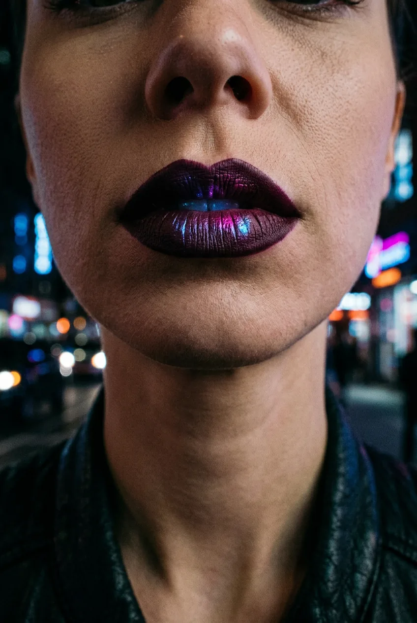 Extreme close-up of near-black plum lipstick on a woman's lips reflecting blue and magenta neon light at night