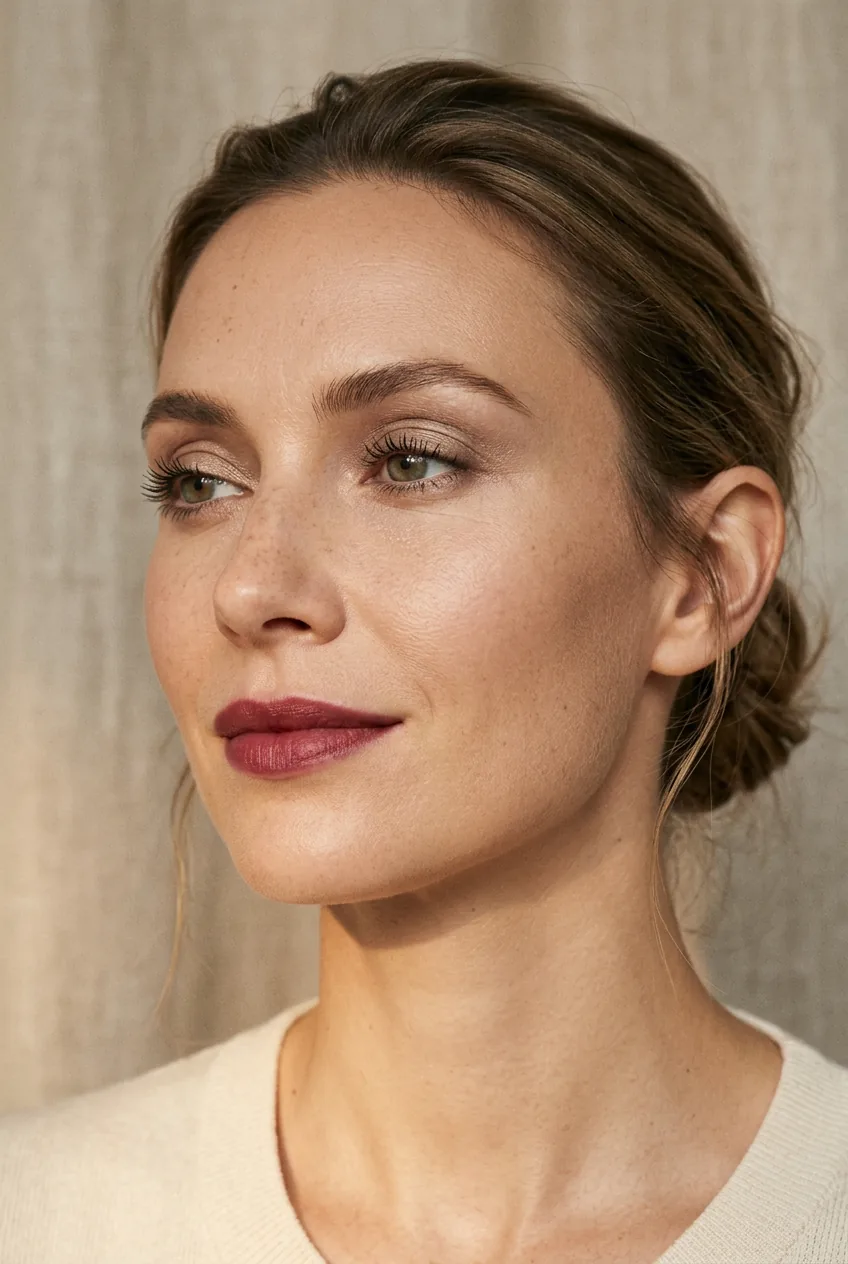 Woman with luminous base and taupe-gold eye shadow and deep wine lip stain in warm evening light