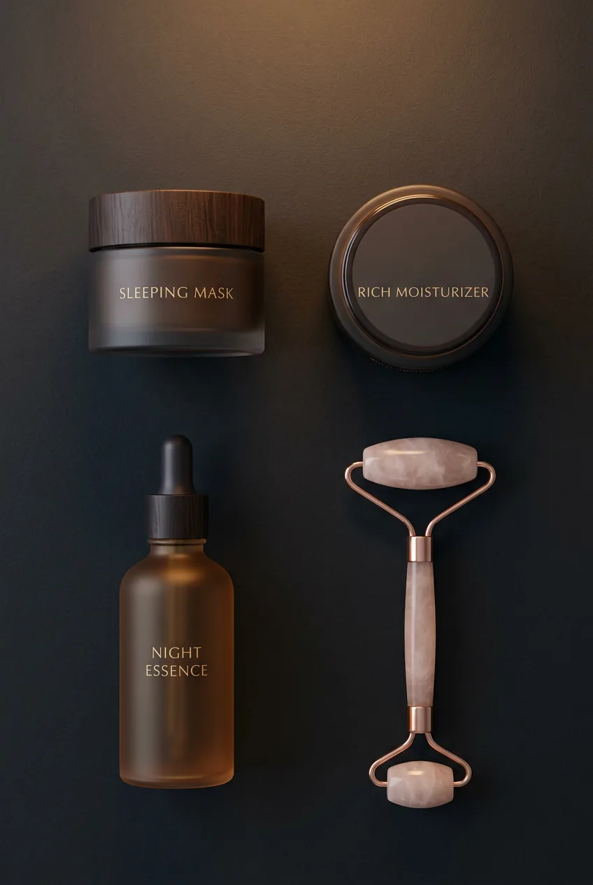 Night skincare final routine including sleeping mask, moisturiser, and facial roller on a deep charcoal matte surface