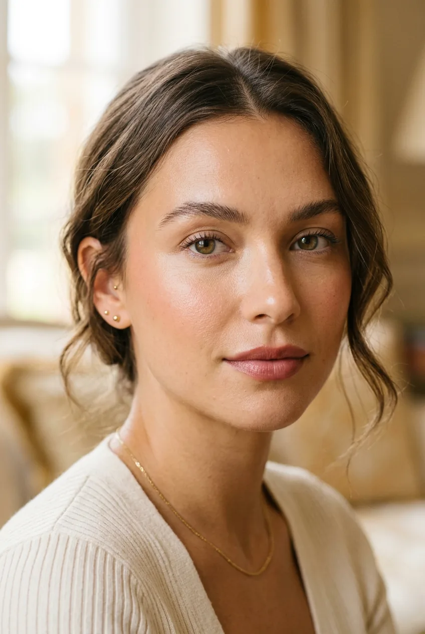 Woman with a flawless no-makeup makeup look showing soft sheer skin and skin-toned lip in warm editorial light