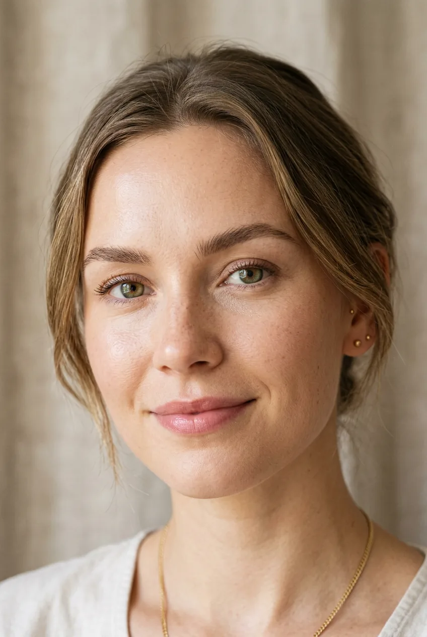 Woman wearing tinted moisturizer with natural brows and neutral rose lip balm in soft office lighting
