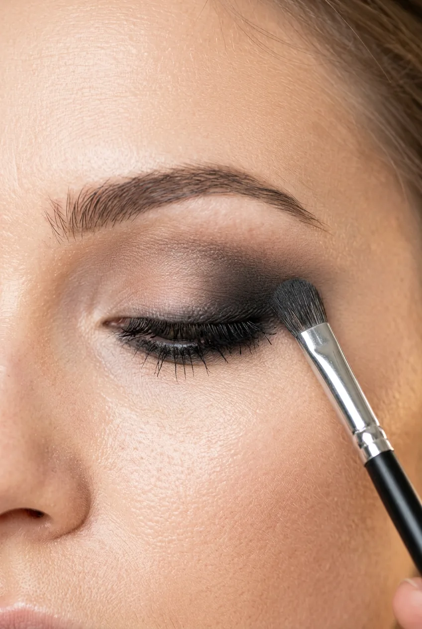 Small brush pressing dark charcoal shadow into the outer V-corner of a closed eye creating depth