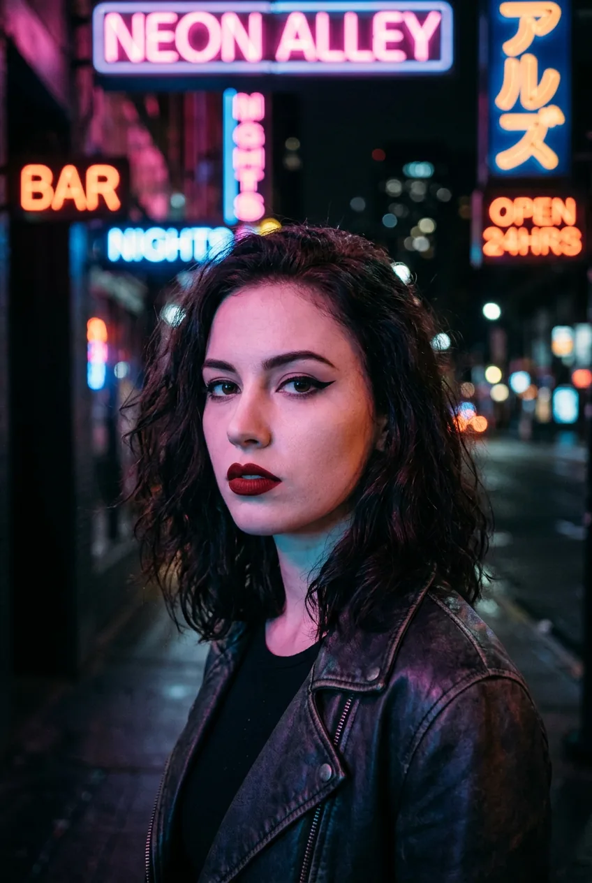 Woman wearing bold oxblood lipstick and heavy black winged eyeliner under neon street lights at night