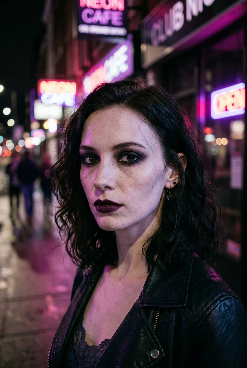 Woman with pale translucent skin, subtle temple veining, dark plum lip and smoky eye under purple neon