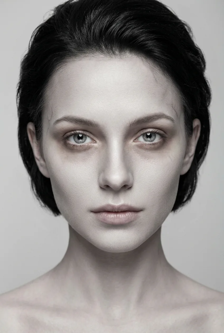Close-up of woman with pale desaturated grey-toned skin and darkened under-eye zombie makeup in bright studio light