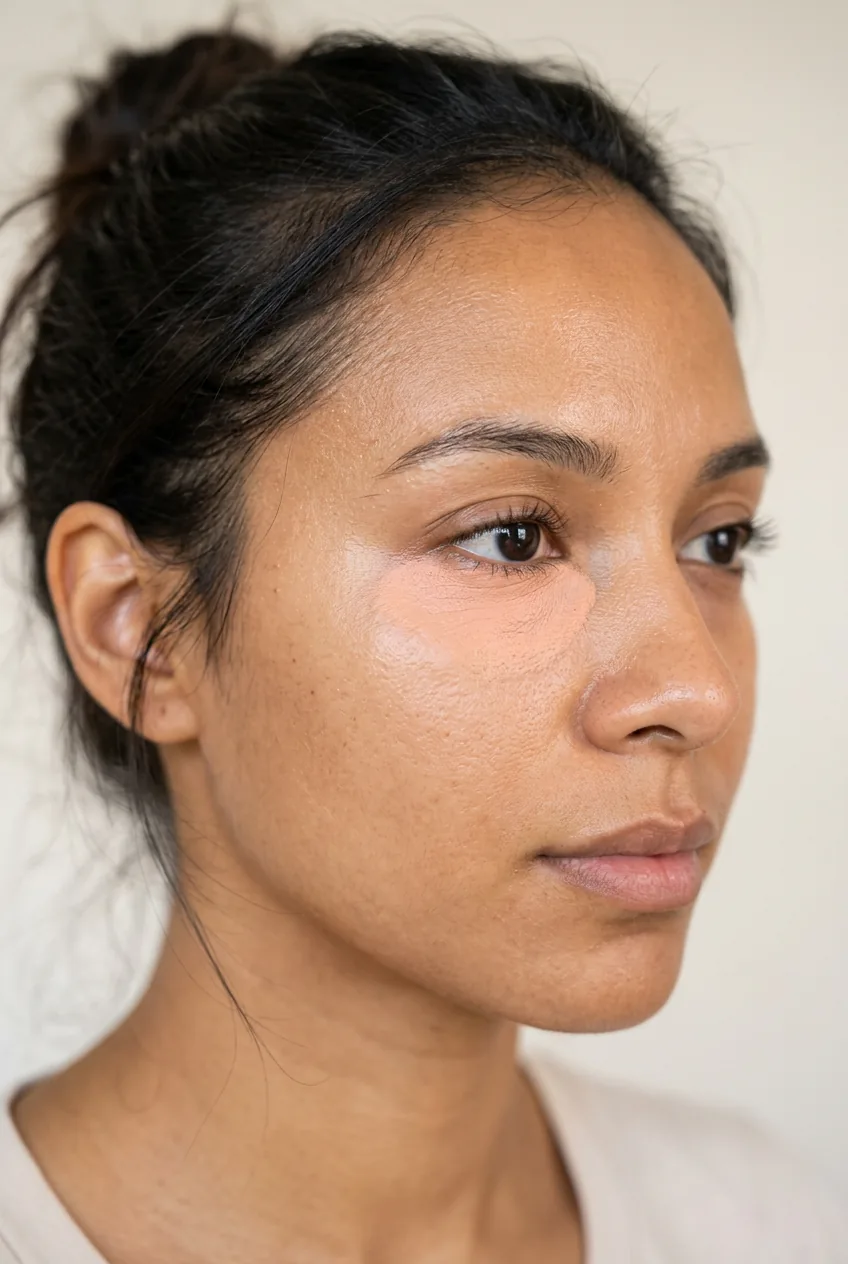 Close-up of a warm-toned under-eye area with peach color corrector blended softly below the lash line