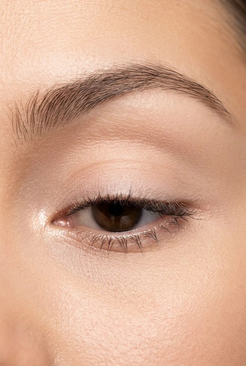 Close-up of a woman's eyelid showing smooth skin just after transparent eye primer has been applied