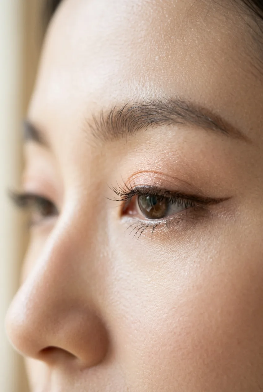 Close-up of East Asian woman wearing soft puppy eye liner with subtle downward flick at outer corner in natural light