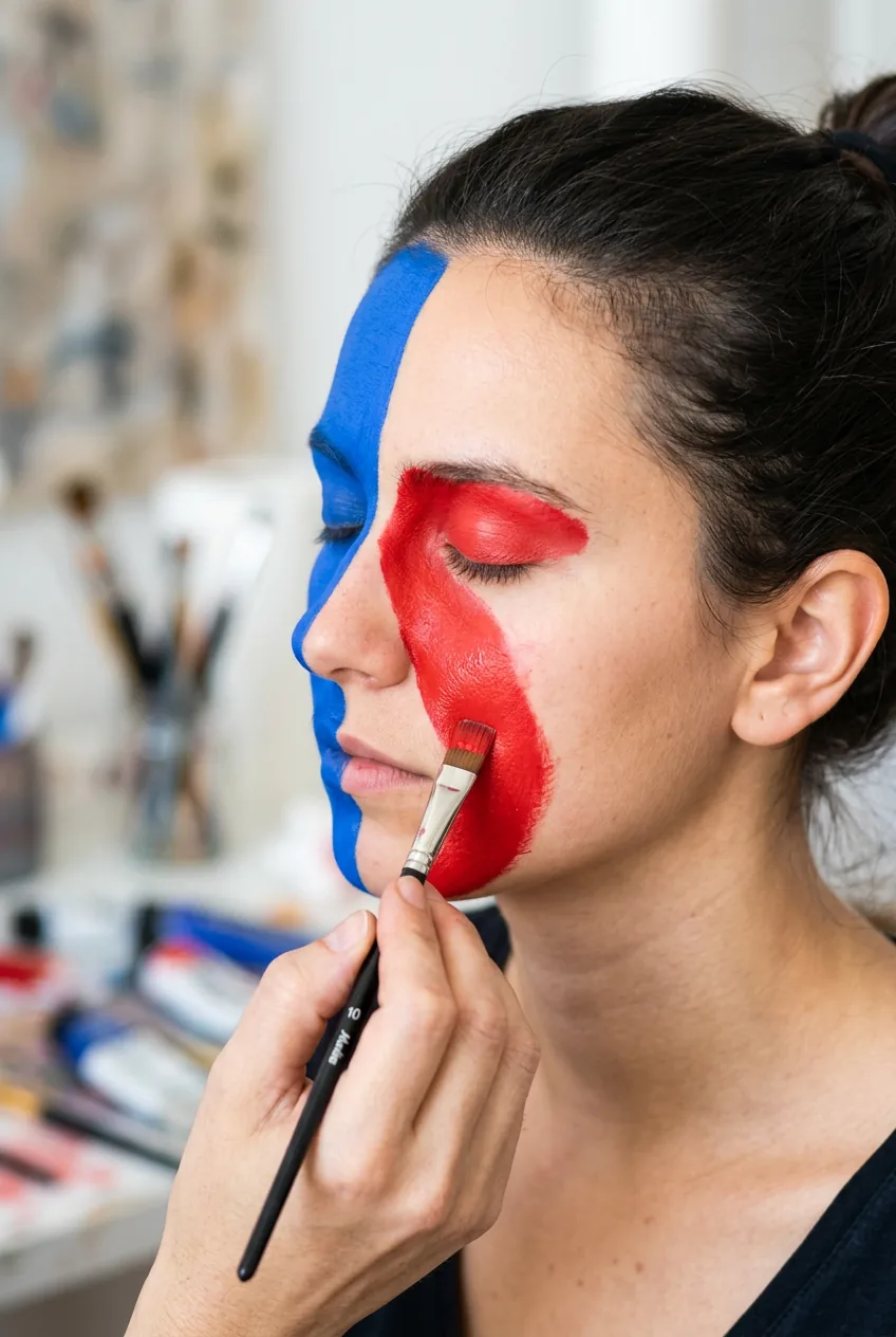 Artist applying vivid red cream paint to one side of a woman's face with a flat brush, blue paint on the other side