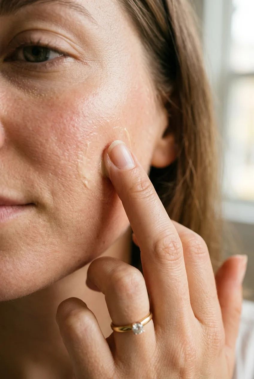Ring finger pressed gently against woman's cheekbone melting cream product into dewy skin in soft diffused light