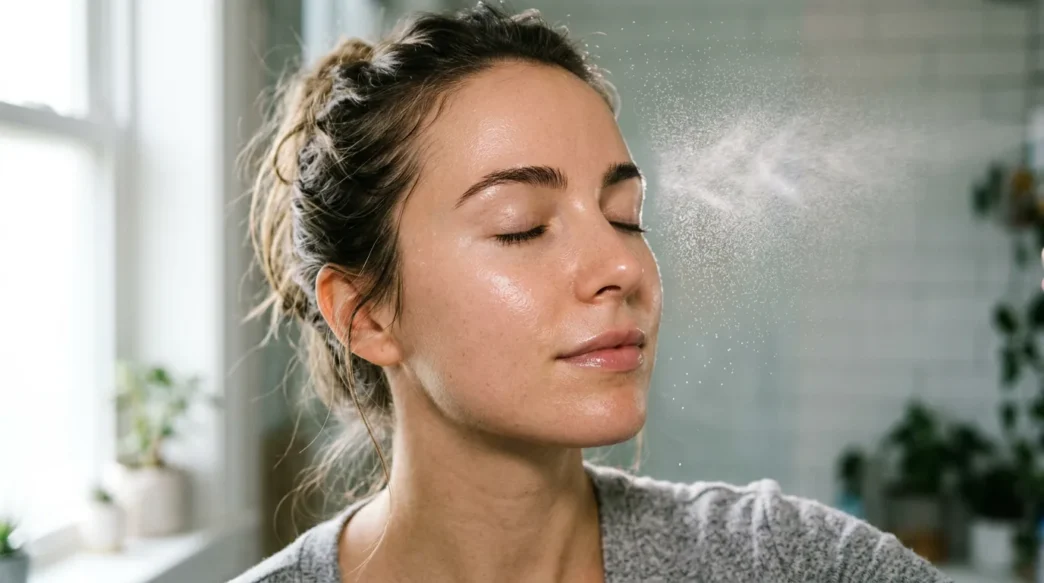 Woman's face with fine mist of facial spray above cheekbone in soft natural window light, skin texture visible