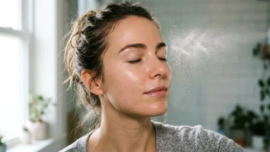 Woman's face with fine mist of facial spray above cheekbone in soft natural window light, skin texture visible
